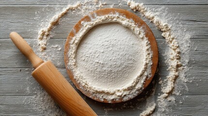 A surface is covered with flour on a wooden board. A rolling pin lies next to the flour. This scene shows preparation in a kitchen to bake something.
