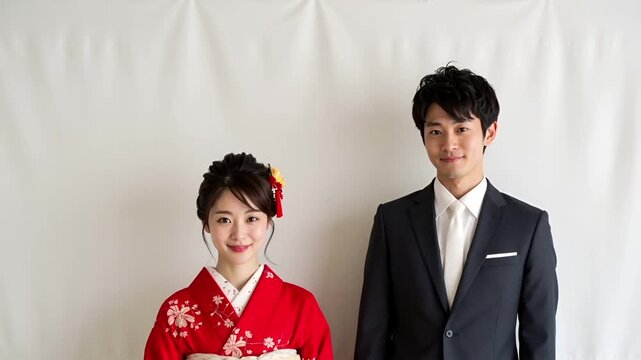 成人式を迎えた20代の日本人男性と女性を、フォトリアルなスタジオ撮影で表現。
男性はフォーマルスーツ、女性は赤い振袖姿で並び立つ上半身構図。
淡いアイボリーやグレー背景と柔らかな光が質感と表情を引き立てる。