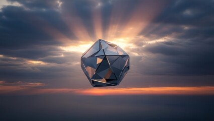 A geometric, faceted object floats in dramatic skies with sunlight beams
