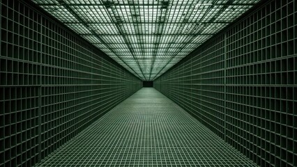 A long, dark corridor with gridded walls and ceiling, receding into the distance