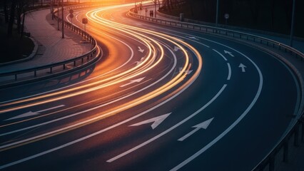 A long exposure shot of a curved highway at dusk, showing light trails