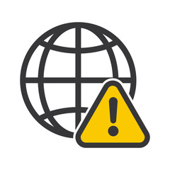 Isolated pictogram combining caution symbol and globe, representing internet browsing warning, digital safety awareness, cybersecurity risk, and global data protection concept.