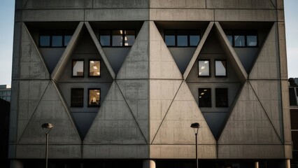 A modern concrete building facade with triangular geometric patterns housing rectangular windows