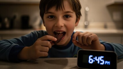 A young boy eating a chocolate chip cookie at a kitchen table with a digital clock displaying 6:45