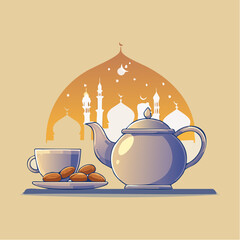 Islamic teapot and dates illustration with mosque silhouette background