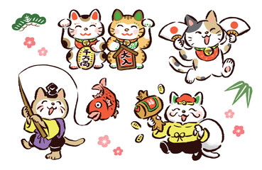 福を呼ぶ猫のイラストセット　招き猫・鯛・打ち出の小槌・扇子　