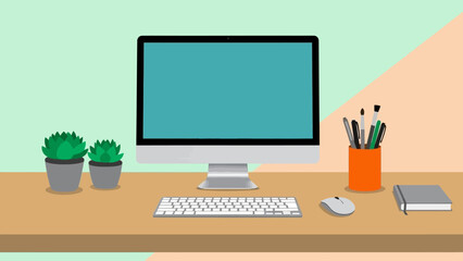 Modern office desk setup with computer and stationery.