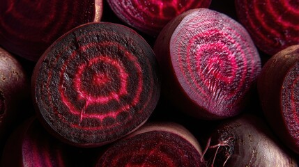 Red beets are cut in half and placed on a wooden surface. The circles of color are visible in the beets. The setting is bright and cheerful suggesting freshness.