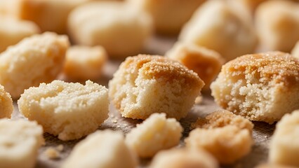 Assorted baked goods on a baking sheet, shot from a close-up viewpoint in a bakery environment