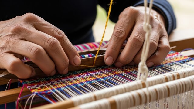 Close-up of hands weaving on a colorful loom with a wooden frame and threads of various hues - Powered by Adobe
