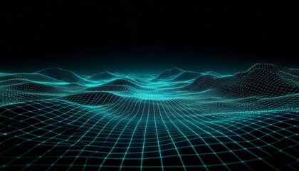 Abstract Wireframe Landscape with Neon Cyan Lines Under a Starry Sky