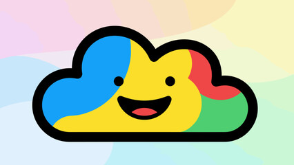 Colorful Cloud Character with Smiling Face and Black Outline.