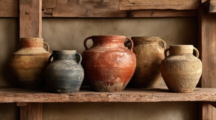 Five pieces of pottery are displayed on a wooden shelf in a rustic setting. The pots vary in size and color showcasing craftsmanship and cultural heritage.