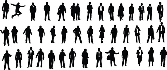 Business people silhouettes collection isolated on white background showing standing walking talking and professional poses for corporate design use