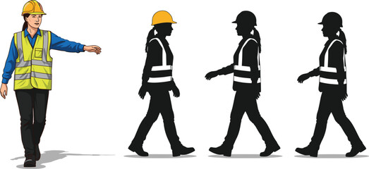 Isometric construction site with yellow tower crane building house and female engineer silhouettes for urban architectural development and industrial project management © Itz Majbahuil Here