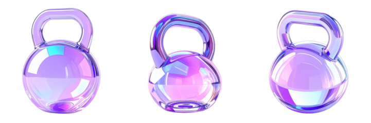 Three Shiny Purple Kettlebells In Front Of Transparent Background Displaying Geometric Faceted Design