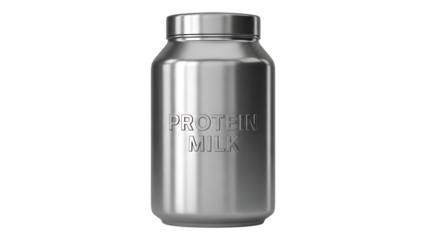 A sleek metallic protein milk bottle stands prominently against a stark black background showcasing product branding
