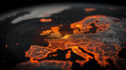 Glowing digital map of Europe with a central data signal point representing regional connectivity and technological monitoring.
