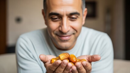 Smiling man holding dates in his hands in a blurred indoor setting.