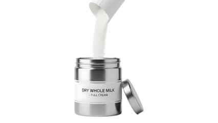 A silver jar of dry whole milk with a stream of powder pouring from its open lid