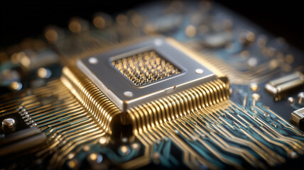 A microprocessor chip mounted on a circuit board illustrating computing power digital processing and advanced hardware technology.
