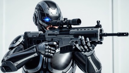 Futuristic armored figure in metallic suit aims a high-tech rifle with glowing blue eye
