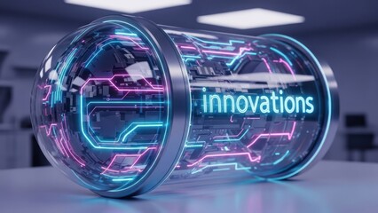 Futuristic cylinder with internal glowing circuits spelling "innovations" on a table
