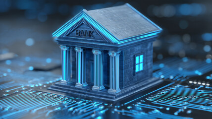 A digital bank building icon integrated into an electronic circuit, representing online banking transformation and financial technology systems.