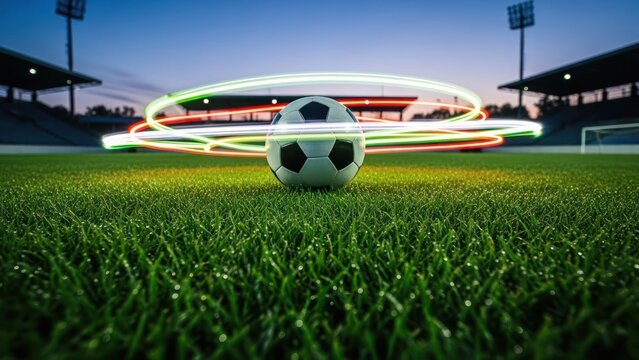 Football on a green field with light trails circling, stadium background - Powered by Adobe