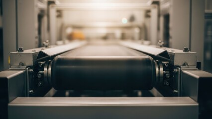 Industrial conveyor belt system, in-line view, blurred background, metallic components