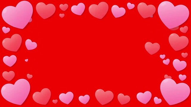 A vibrant red background adorned with a border of various sized pink hearts for Valentine's Day, with a white space for text.