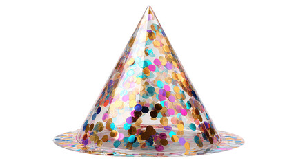 Confetti filled clear party hat made of acrylic or plastic isolated on transparent background