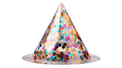 Confetti filled clear party hat made of acrylic or plastic isolated on transparent background