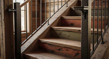 An old wooden staircase with a rustic wood structure stands as a centerpiece of interior architecture and building construction