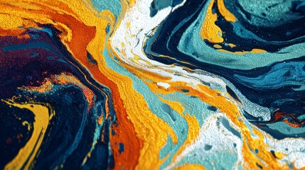 Abstract fluid art with vibrant gold, blue, white, and orange colors swirling together in dynamic textured pattern, creating visually striking and energetic composition