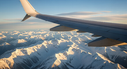 An aerial view from an airplane window captures a jet wing flying above white clouds and the blue horizon during a high altitude flight