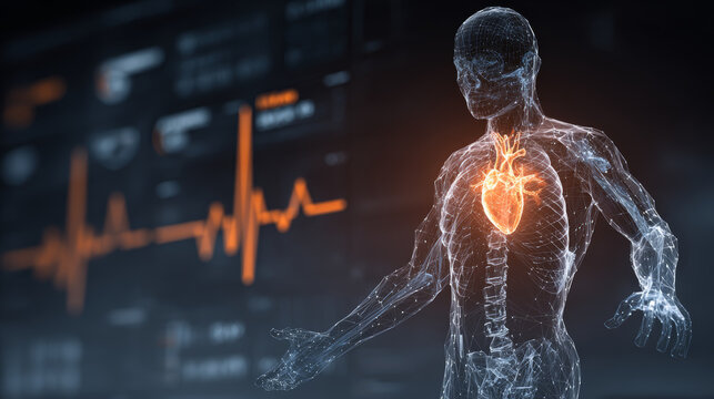 Futuristic holographic human figure with animated glowing heart and detailed anatomical structure, representing advanced medical technology and human biology visualization