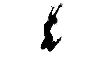Black silhouette of a joyful woman jumping with raised hands: Design for fitness app interface, motivational posters, or health and vitality ad campaigns. Transparent background SVG version.