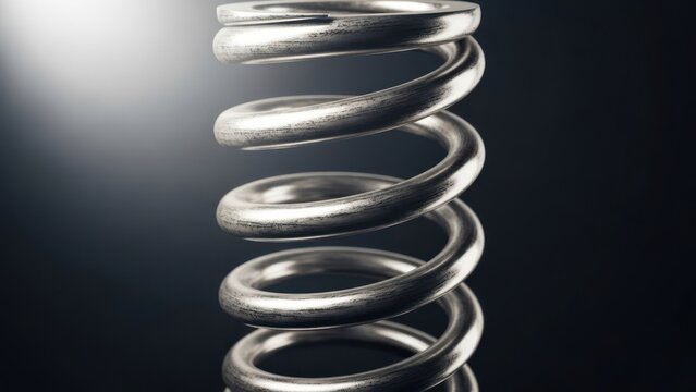 Shiny metallic coil spring, tightly wound, against a dark, gradient background