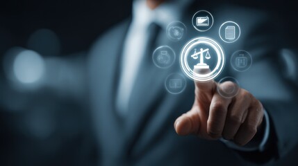 Fototapeta premium Businessman pointing at justice icon