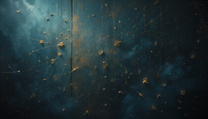 Dark blue wooden wall with scratches and debris scattered around