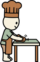 Cartoon chef preparing food in kitchen with cutting board