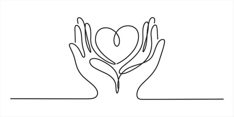 Minimalist single line art illustration of human hands cradling a delicate heart symbol Vector, illustration