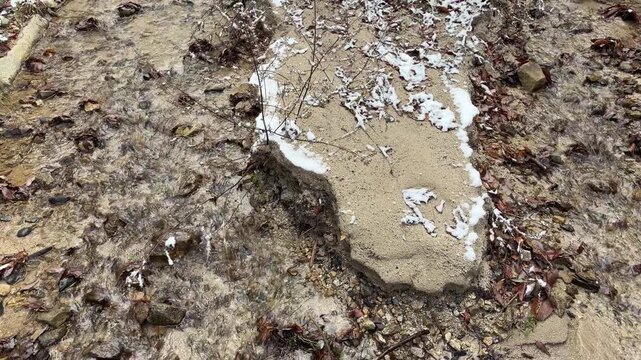 薄らと雪化粧した渓流のパンアップ