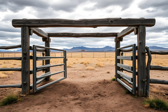 Open wooden ranch gate leading to desert landscape