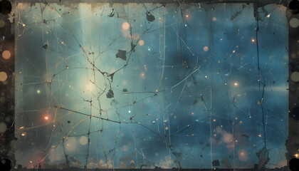 Cracked glass with vibrant blue background and warm glowing spots