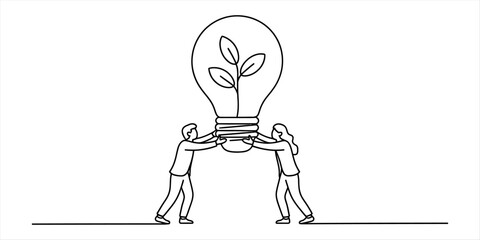 Two people collaborating to push a big lightbulb with a plant inside, representing a new green idea Vector, illustration
