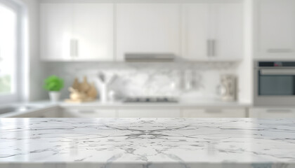 Elegant white marble countertop with a softly blurred modern kitchen background, ideal for product presentations or culinary designs, highlighting spacious and bright interior aesthetics