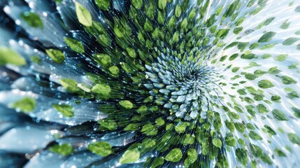 Abstract spiral pattern with green leaf shapes and radial motion effect creating dynamic and futuristic eco innovation system design with cool color palette and glowing details