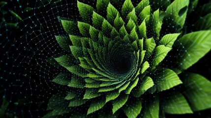 Green leaves spiral pattern with digital network overlay, symbolizing eco digital transformation and nature inspired geometry in futuristic design